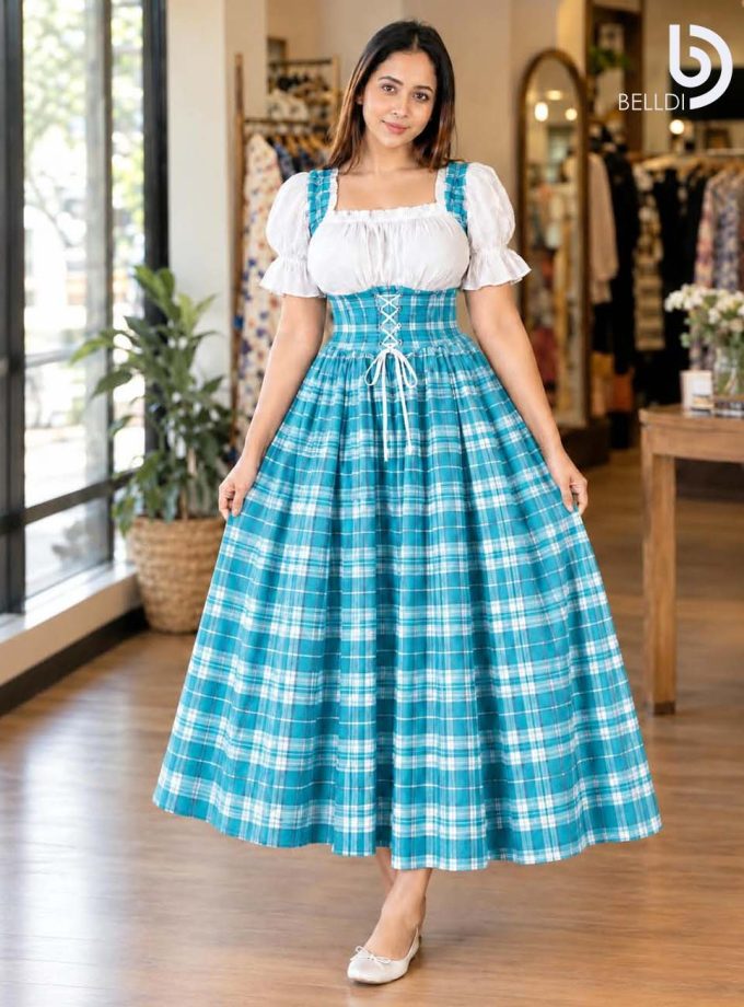 CHECKERED PUFF SLEEVE CORSET FLARED LONG FROCK