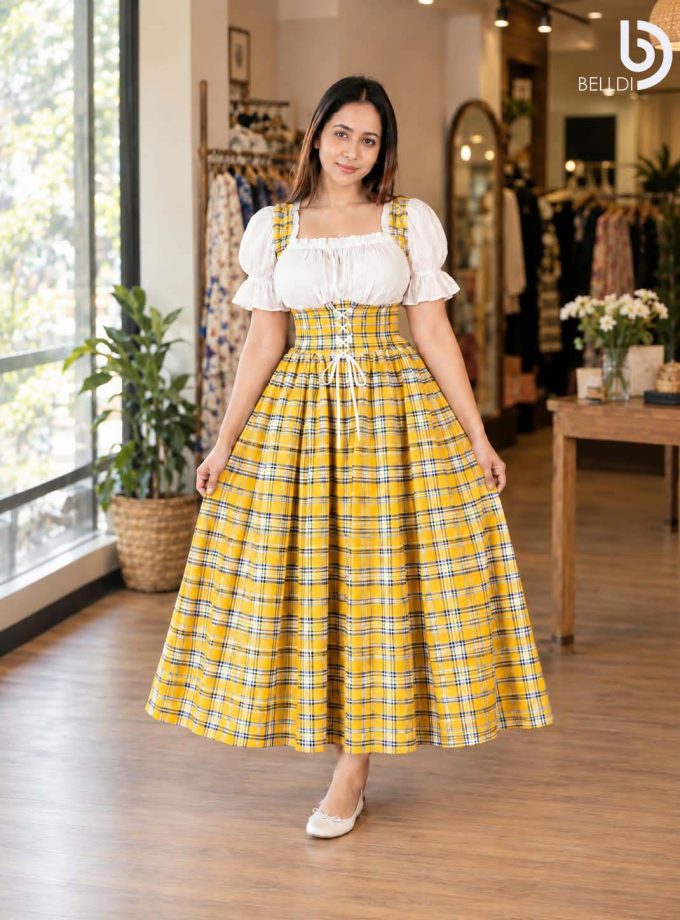 CHECKERED PUFF SLEEVE CORSET FLARED LONG FROCK
