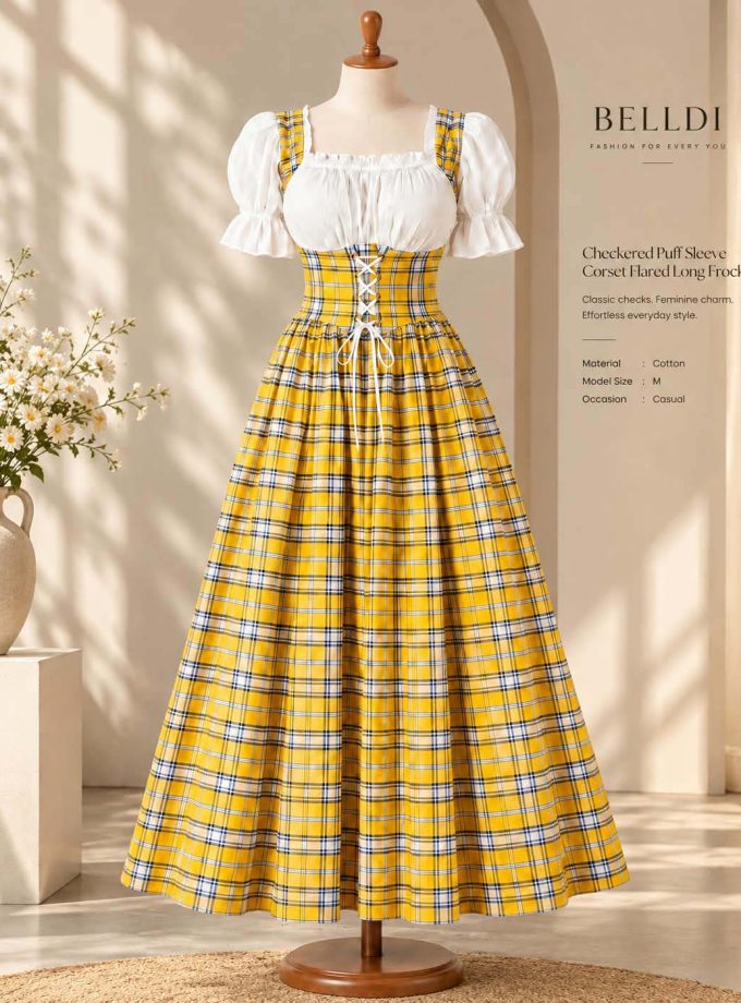 CHECKERED PUFF SLEEVE CORSET FLARED LONG FROCK