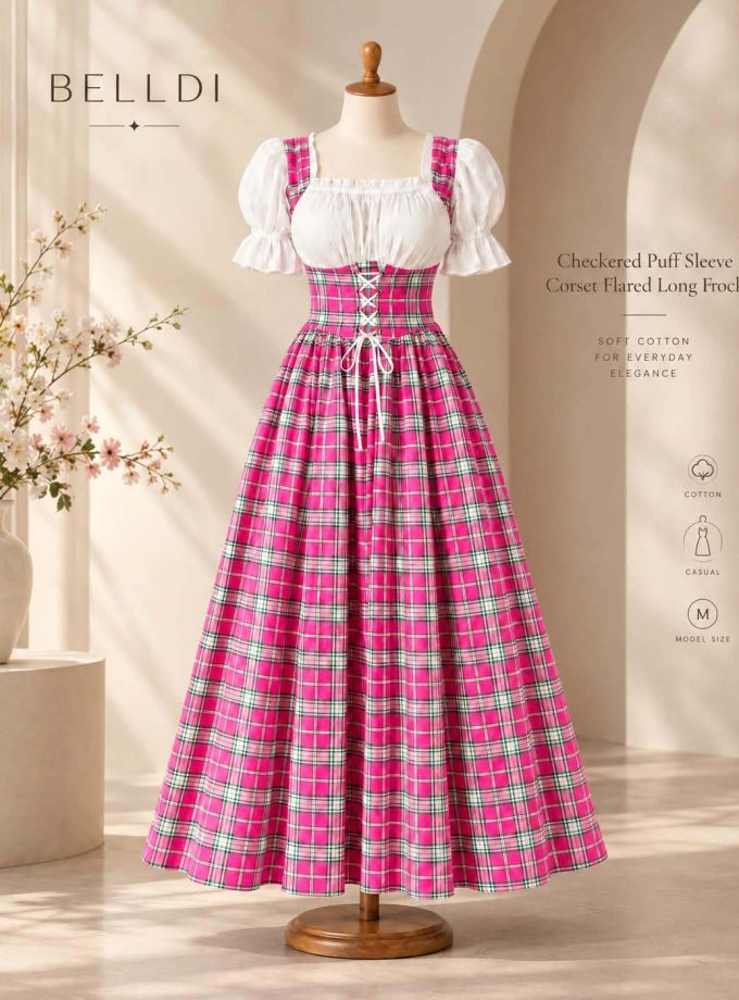 CHECKERED PUFF SLEEVE CORSET FLARED LONG FROCK