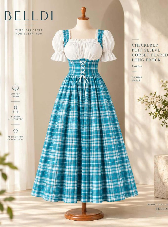 CHECKERED PUFF SLEEVE CORSET FLARED LONG FROCK