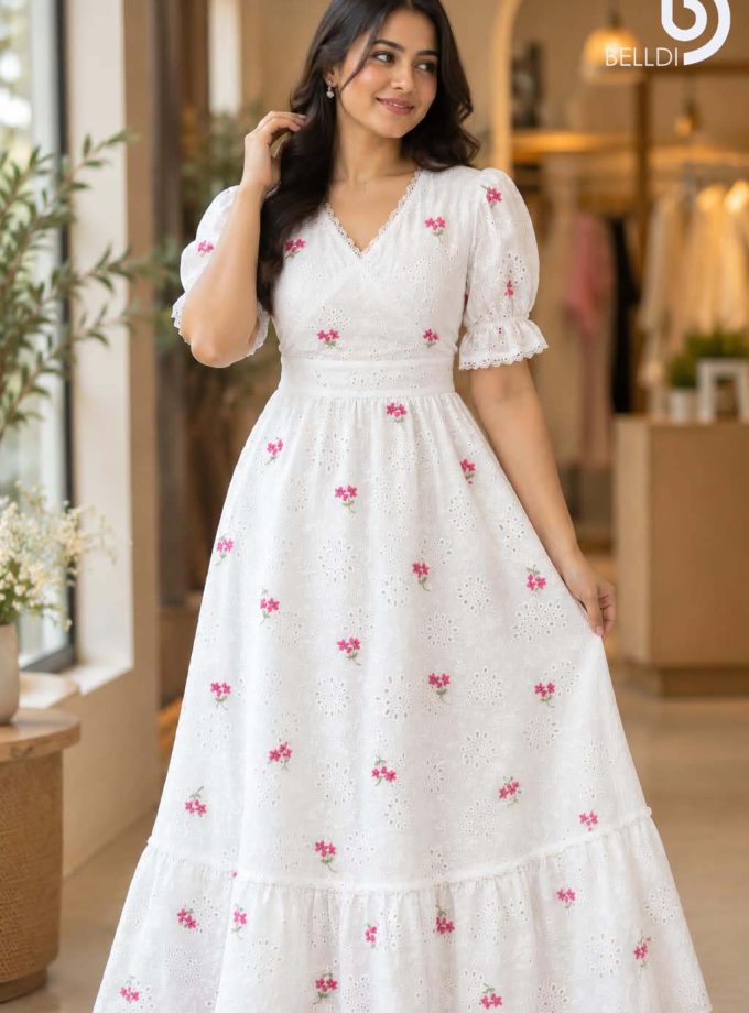 FLORAL EMBROIDERED EYELET MAXI DRESS