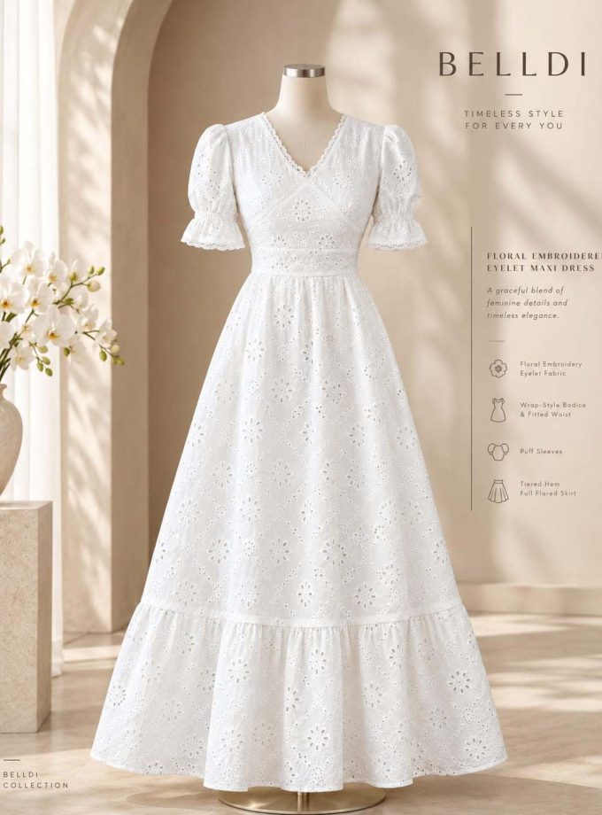 FLORAL EMBROIDERED EYELET MAXI DRESS