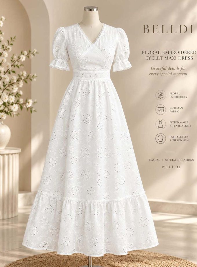 FLORAL EMBROIDERED EYELET MAXI DRESS