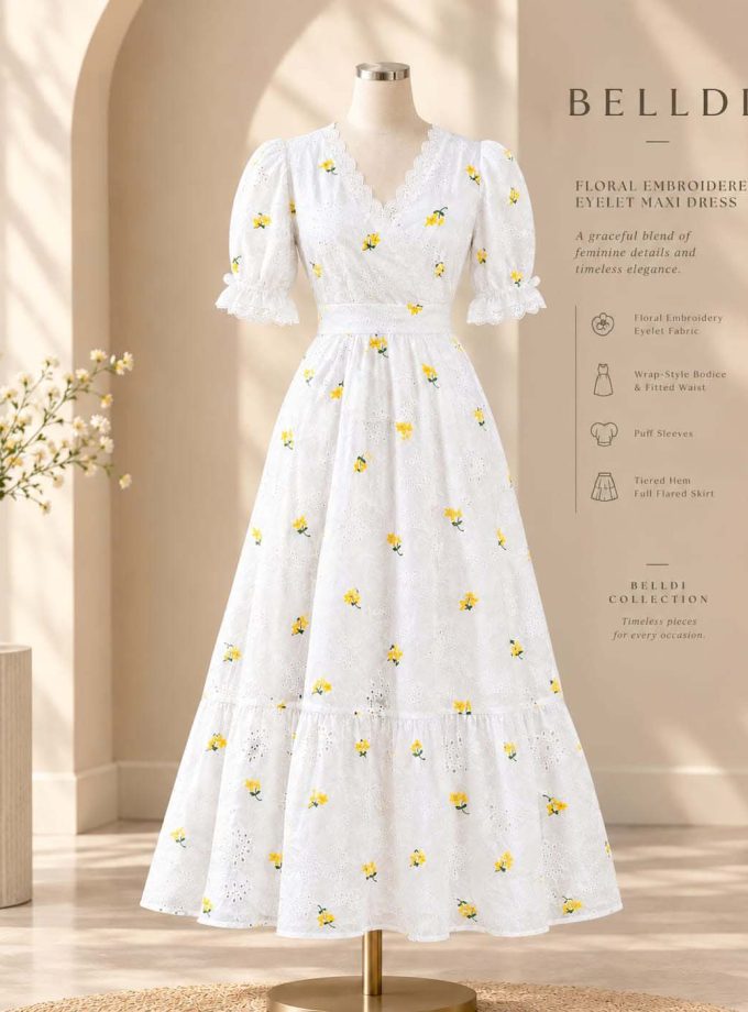 FLORAL EMBROIDERED EYELET MAXI DRESS