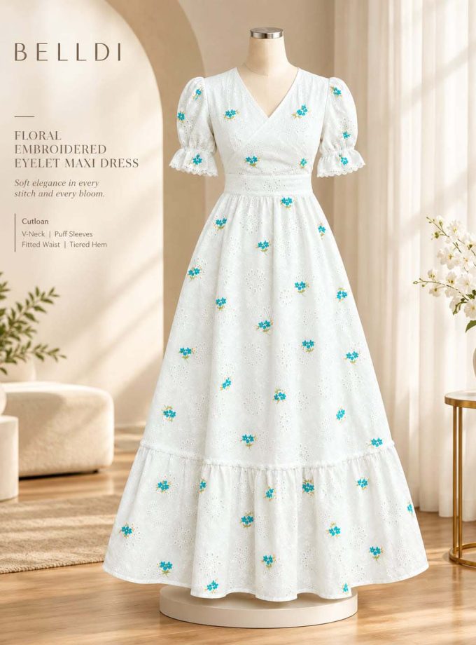 FLORAL EMBROIDERED EYELET MAXI DRESS