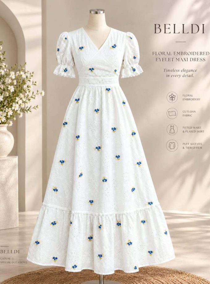 FLORAL EMBROIDERED EYELET MAXI DRESS