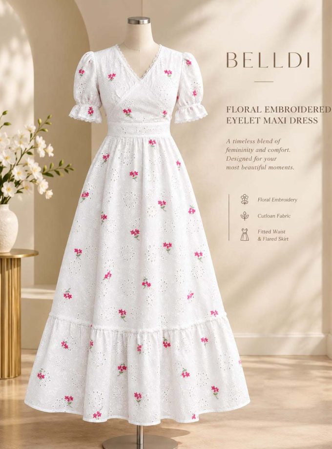 FLORAL EMBROIDERED EYELET MAXI DRESS