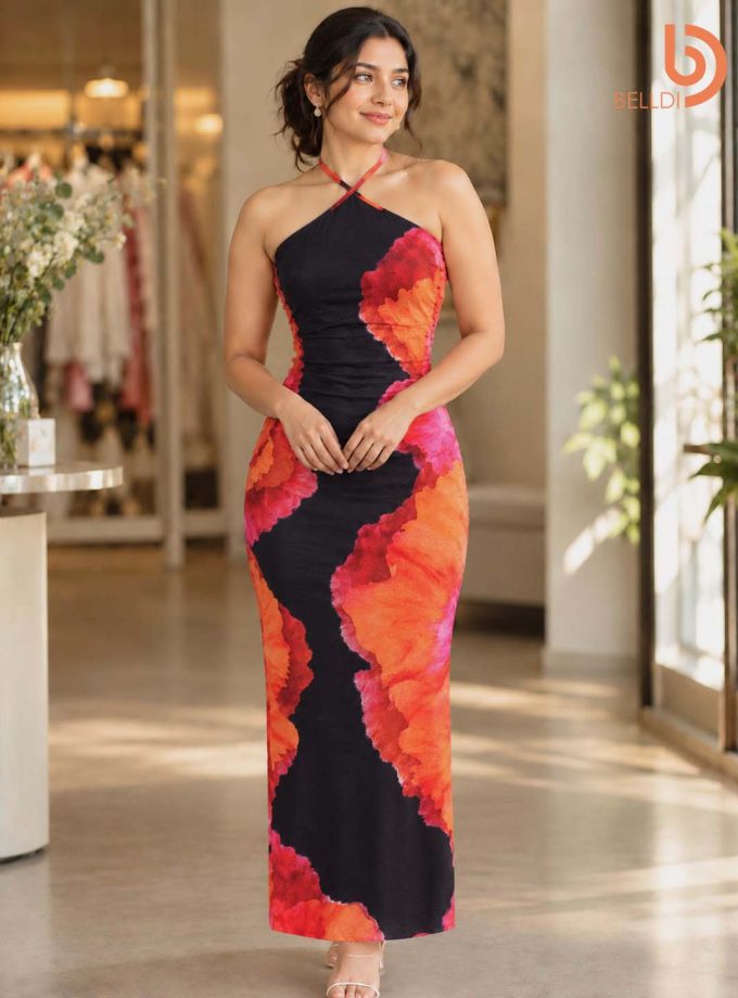 FLORAL PRINT HALTER NECK MAXI BODYCON DRESS