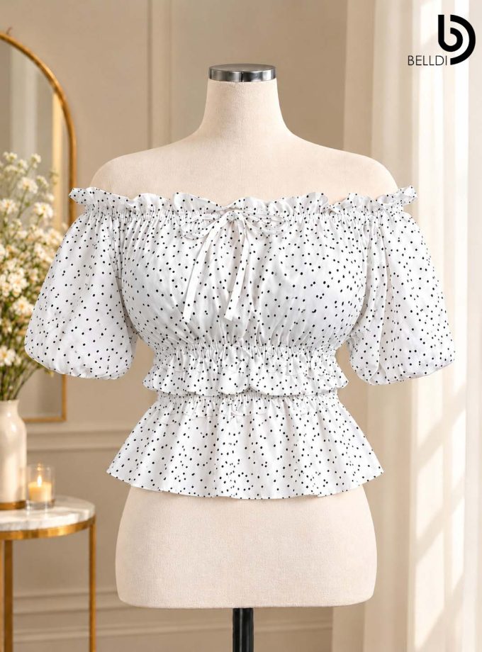 POLKA DOT OFF SHOULDER PUFF SLEEVE  TOP