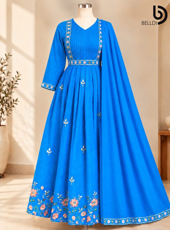 FLORAL EMBROIDERED ELEGANCE LONG DRESS WITH SHAWL