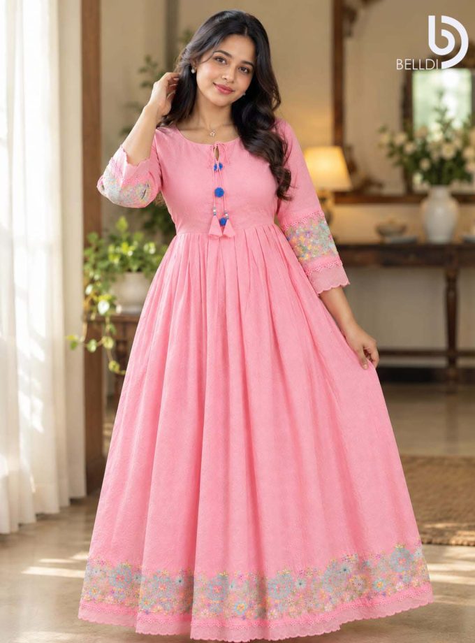 PASTEL PINK FLORAL EMBROIDERED MAXI DRESS