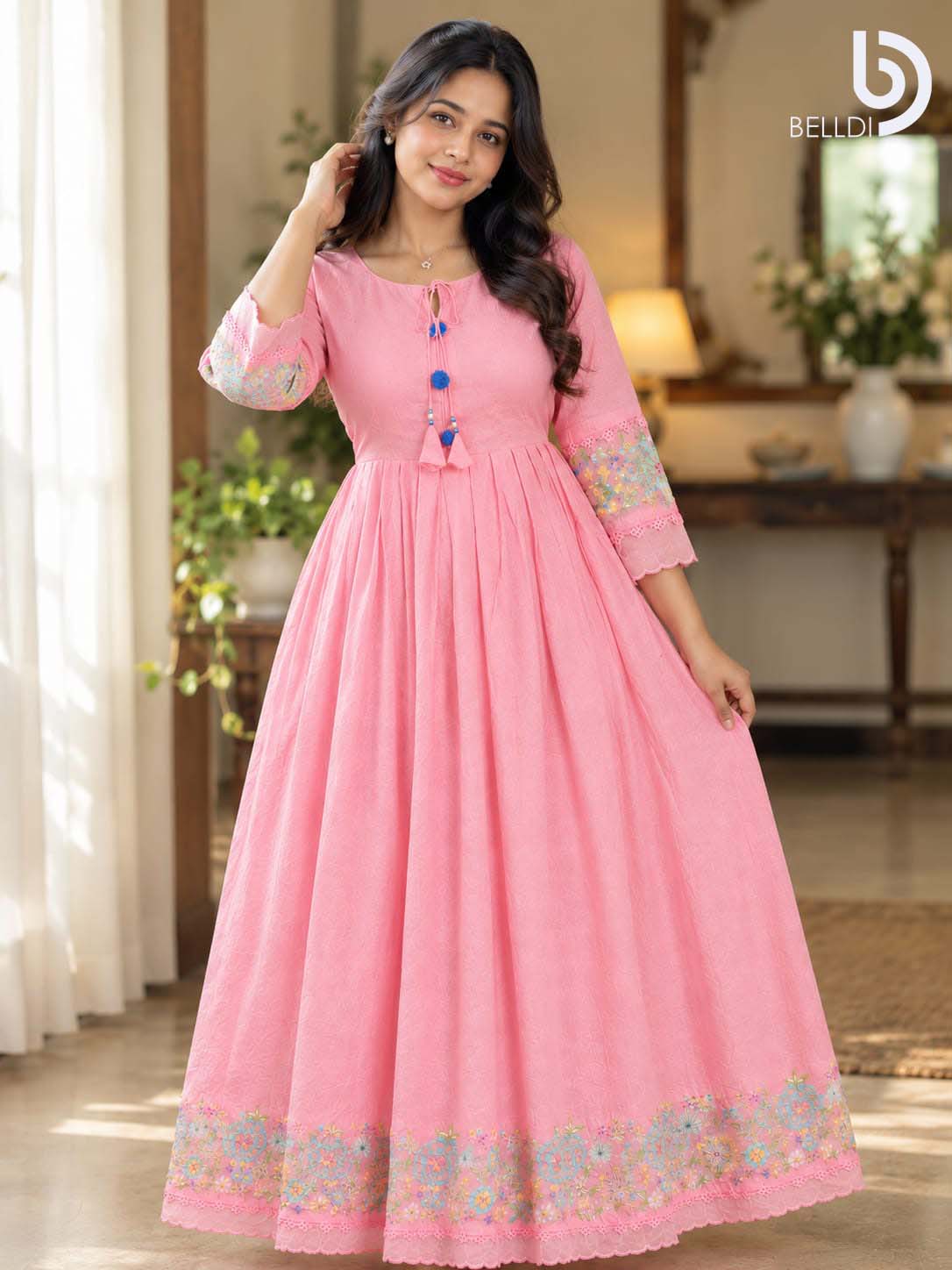 PASTEL PINK FLORAL EMBROIDERED MAXI DRESS - Image 2
