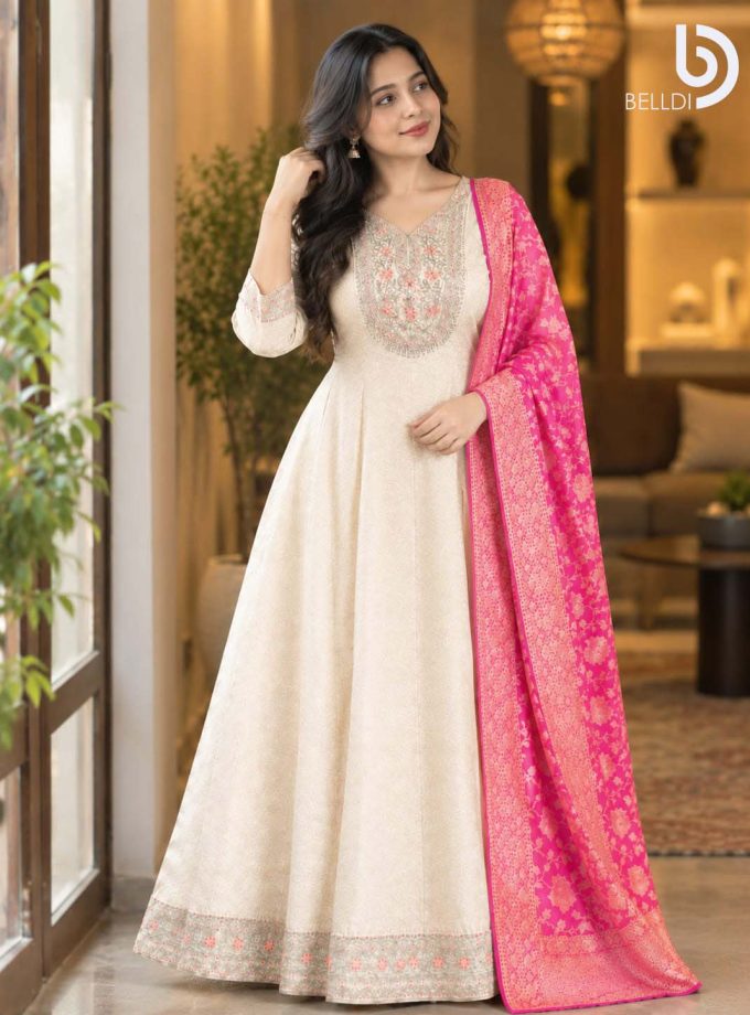 EMBROIDERED ANARKALI LONG DRESS WITH SHAWL