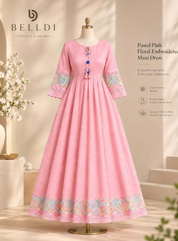 PASTEL PINK FLORAL EMBROIDERED MAXI DRESS