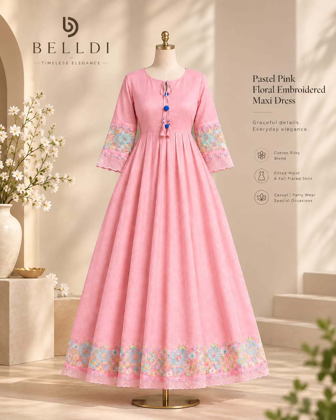 PASTEL PINK FLORAL EMBROIDERED MAXI DRESS - Image 3