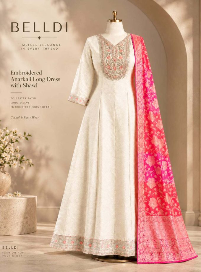 EMBROIDERED ANARKALI LONG DRESS WITH SHAWL