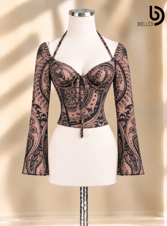 PAISLEY PRINT SWEETHEART NECK LONG SLEEVE CROP TOP