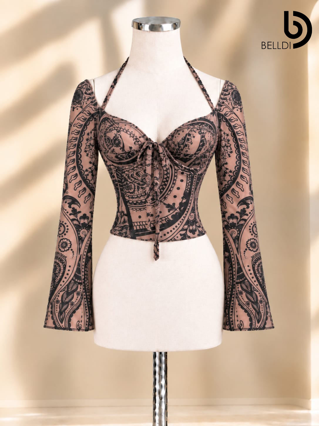 PAISLEY PRINT SWEETHEART NECK LONG SLEEVE CROP TOP
