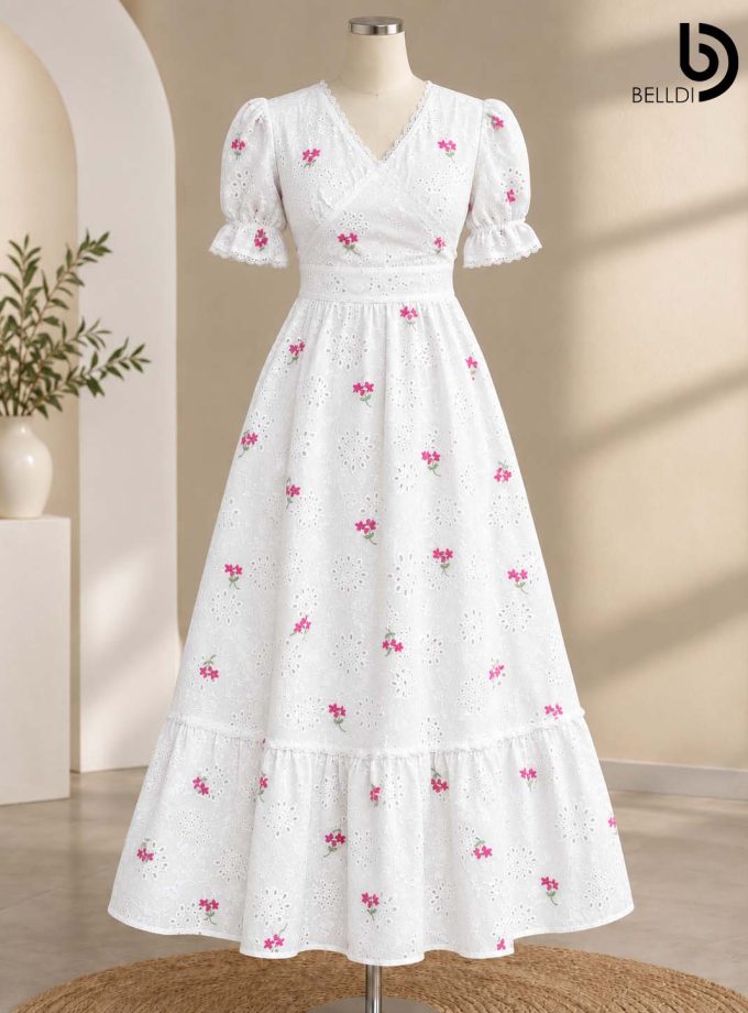 FLORAL EMBROIDERED EYELET MAXI DRESS