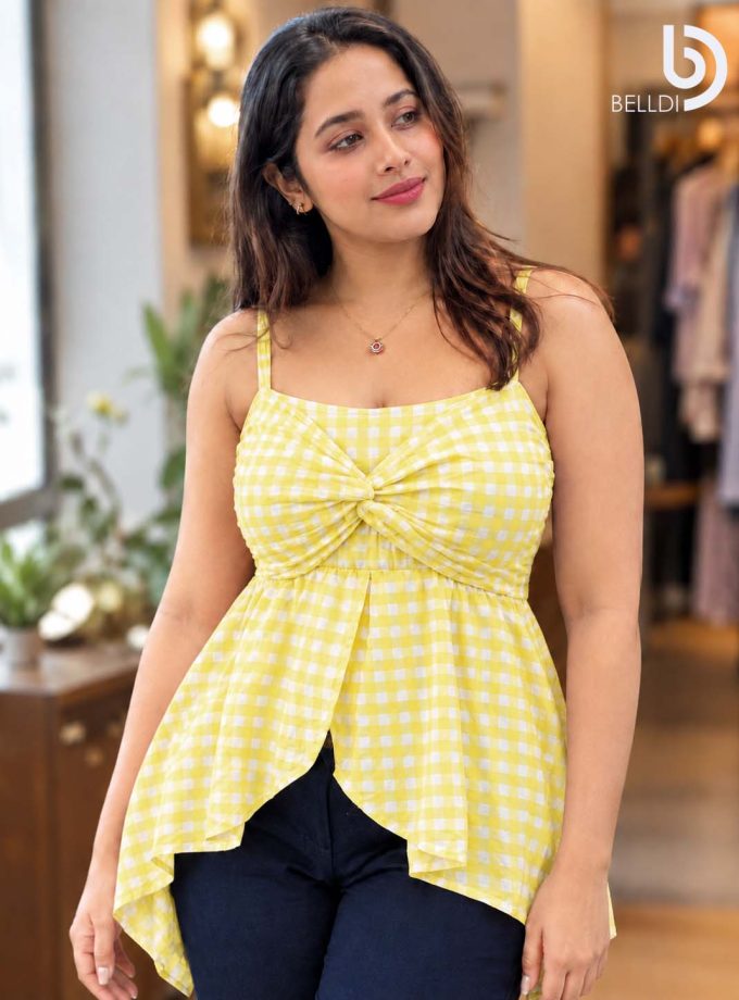 YELLOW CHECKERED FRONT GATHERED DRESS