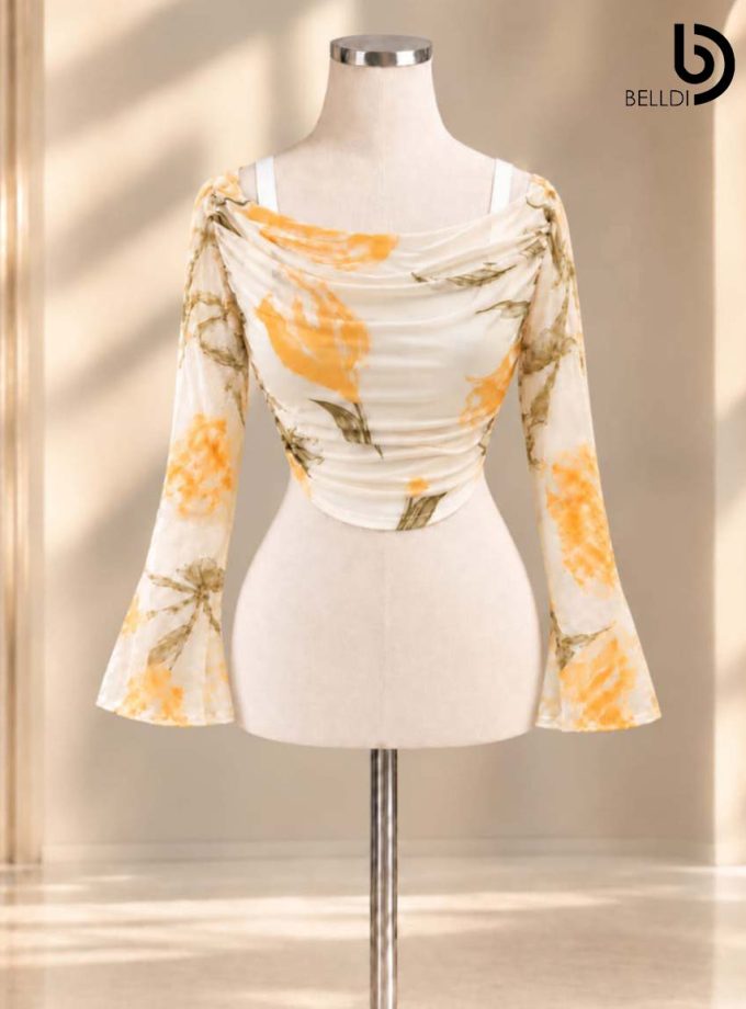 PASTEL FLORAL DRAPED LONG SLEEVE CROP TOP